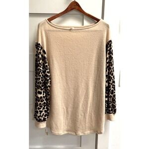 EMERALD Brand Shirt Tunic Womens Size Large soft, beige with leopard sleeves